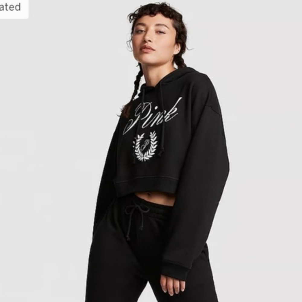 Victorias Secret PINK Fleece Black Cropped Hoodie NWT